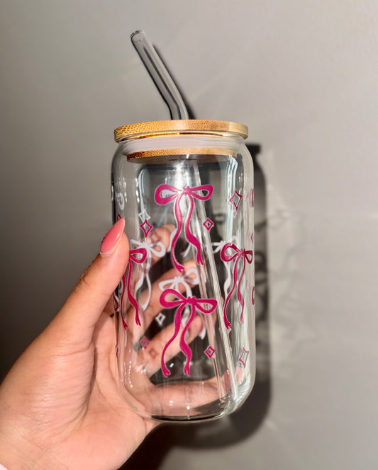 Burgundy Bows Glass Cup 16 oz