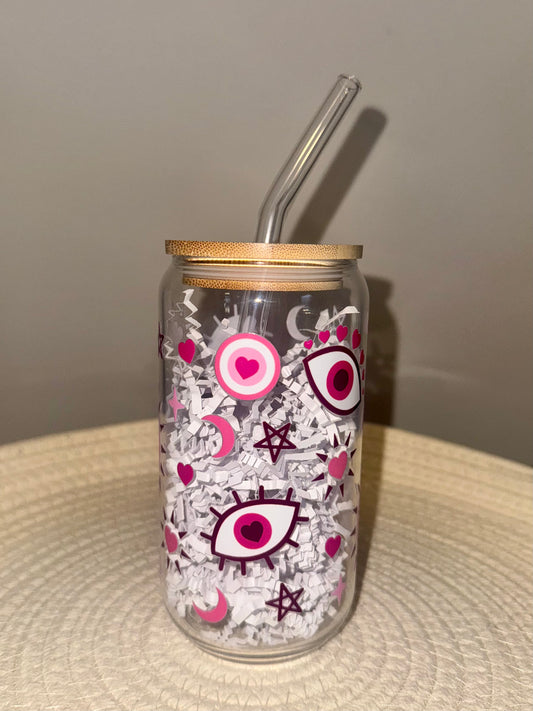 Pink Evil Eye Glass Cup 16 oz
