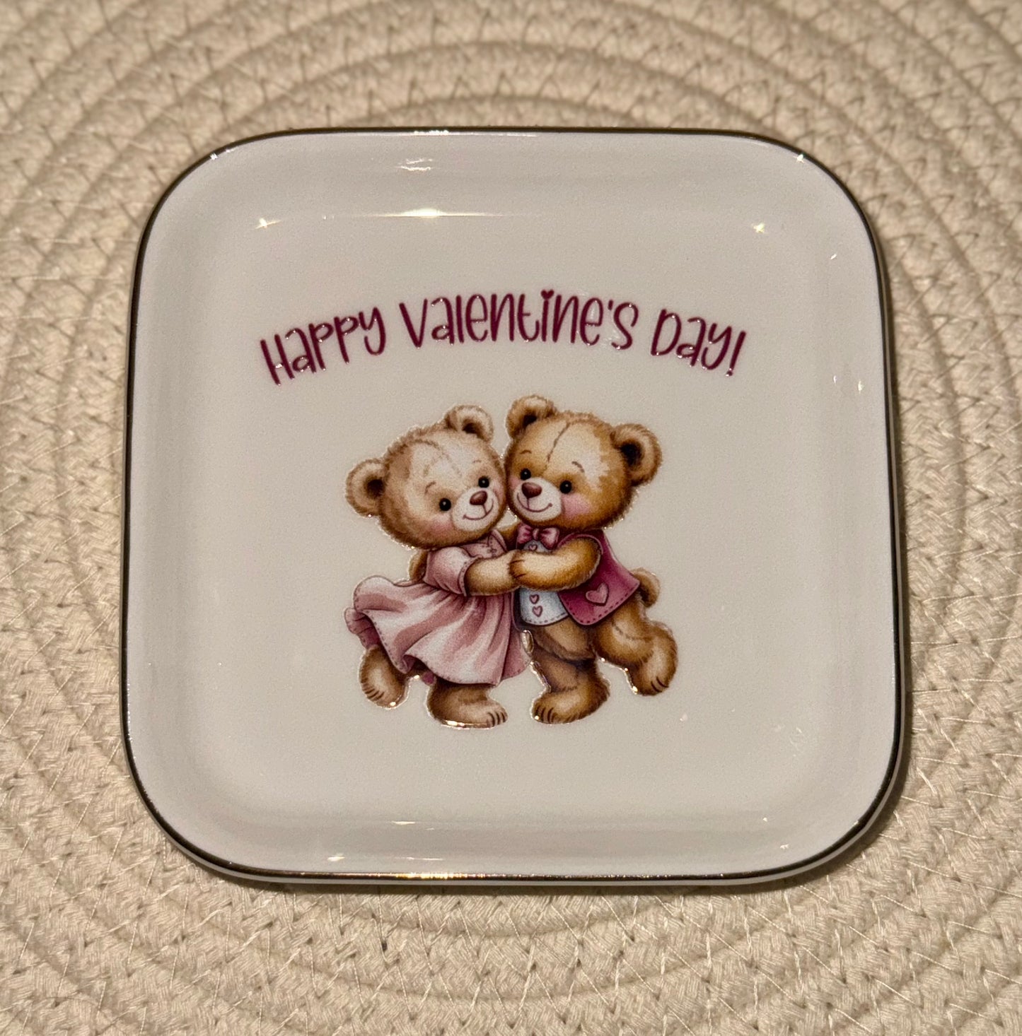 Teddy Bear Couple Valentine's Day Square Jewelry Dish