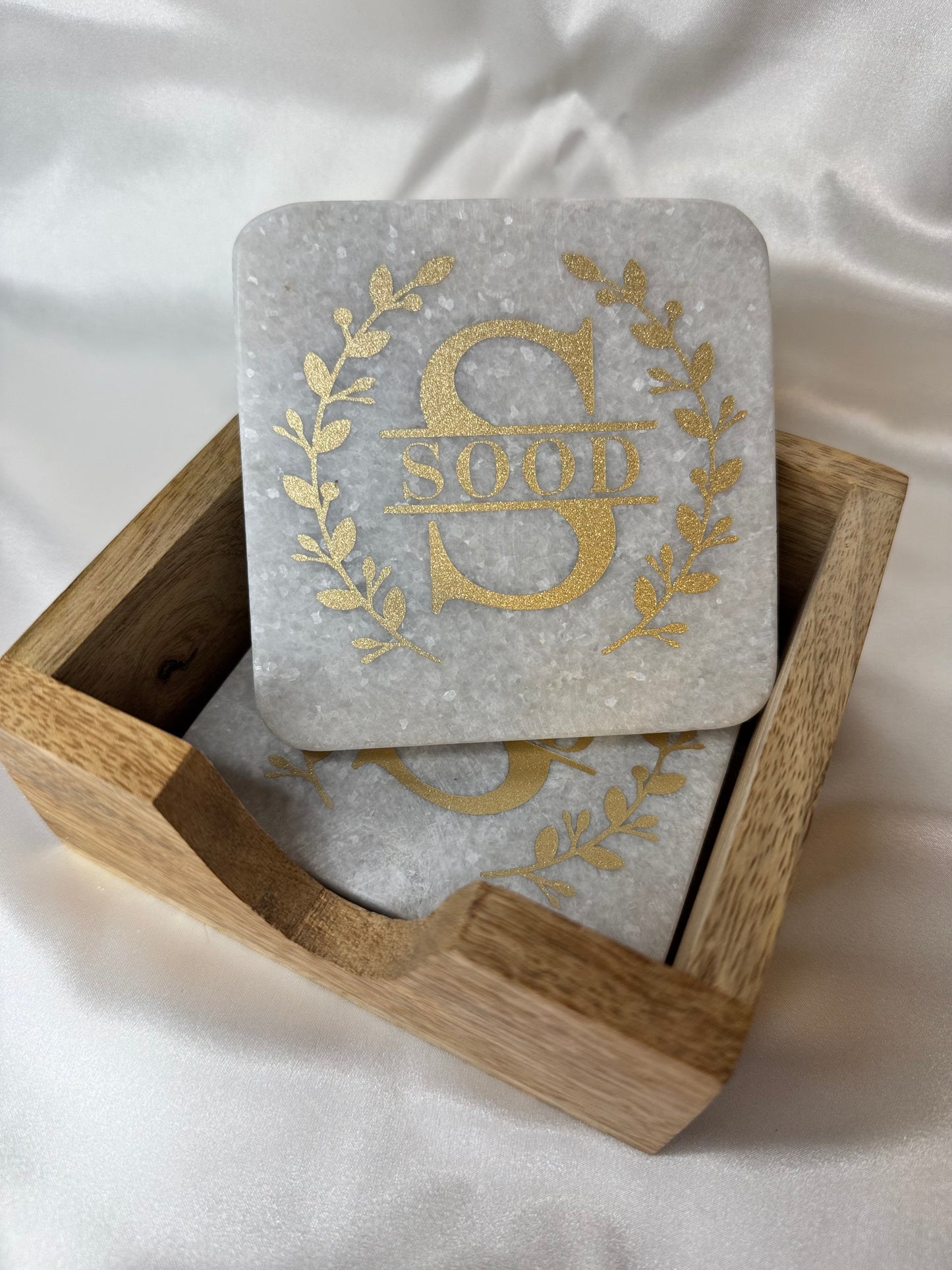 Custom Marble Coaster Set with Wooden Holder - Set of 4