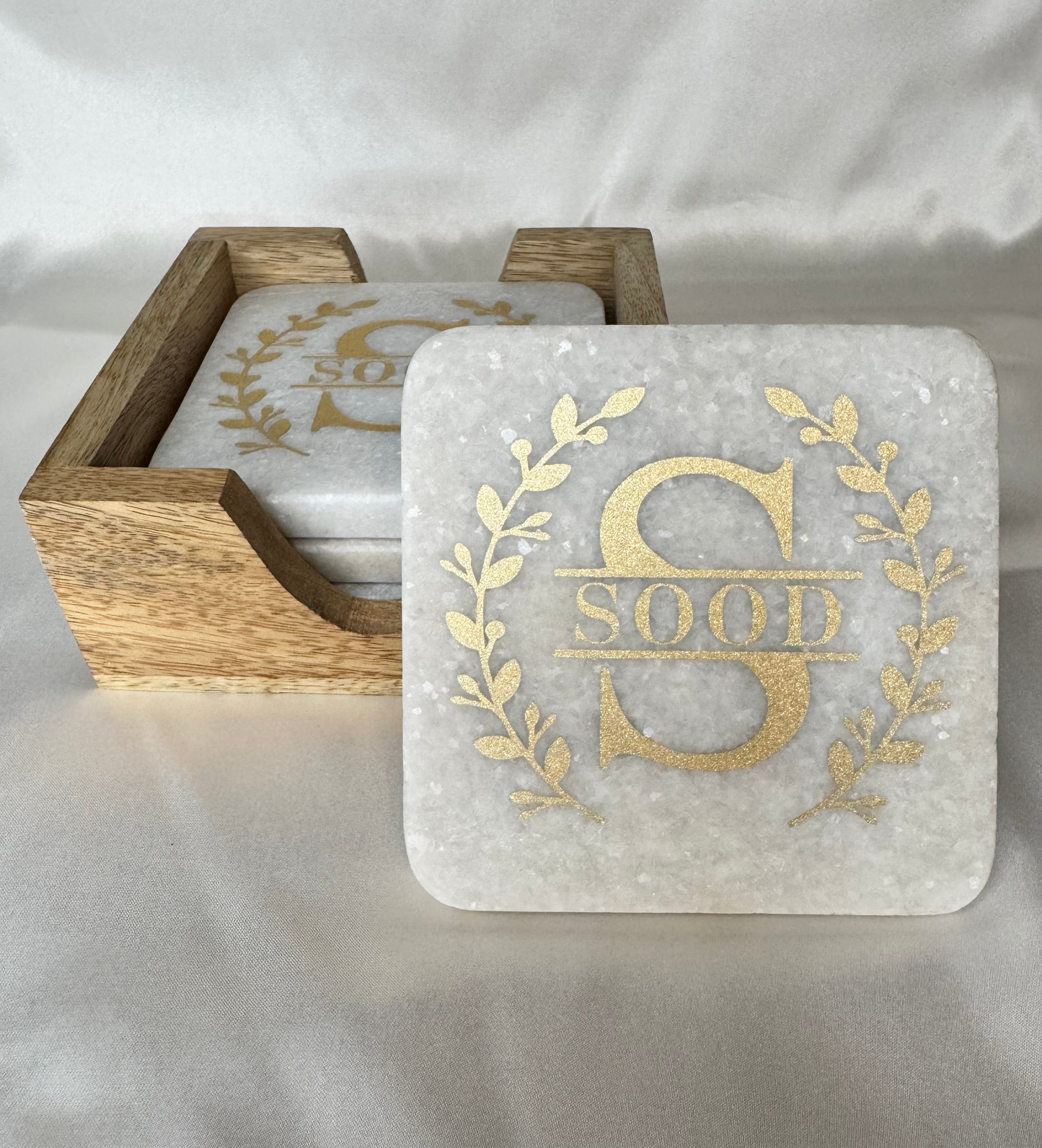 Custom Marble Coaster Set with Wooden Holder - Set of 4