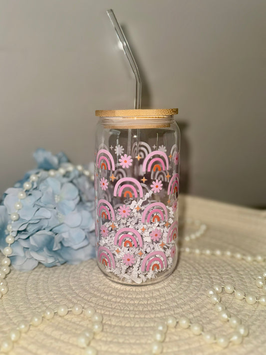 Rainbows & Daisies Glass Cup 16 oz