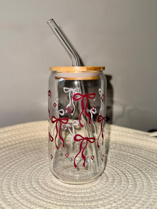 Burgundy Bows Glass Cup 16 oz