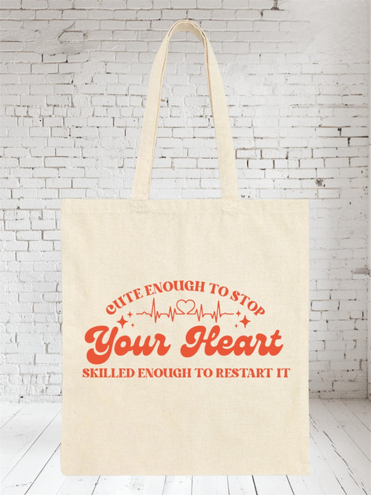 Beige canvas tote bag with red text, nurse bag, doctor bag