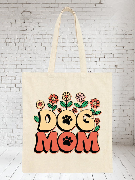 Beige canvas tote bag with 'Dog Mom' text and floral design