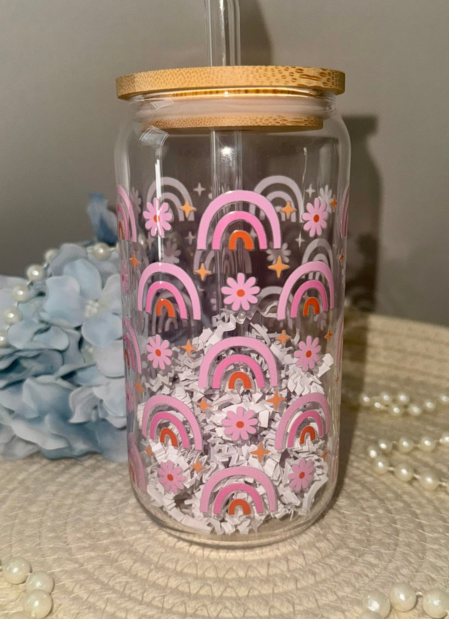 Rainbows & Daisies Glass Cup 16 oz