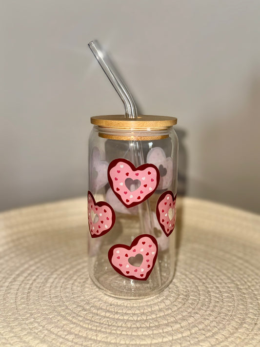 Heart Donut Valentine Glass Cup 16 oz