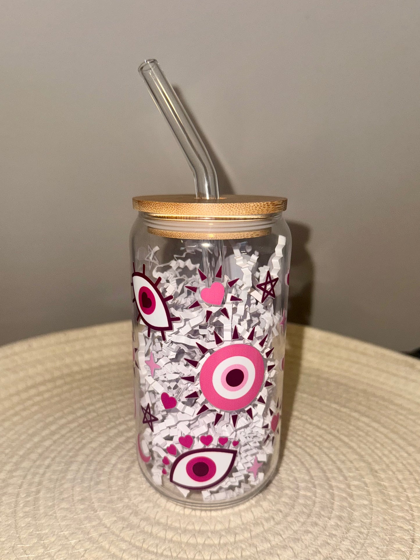 Pink Evil Eye Glass Cup 16 oz