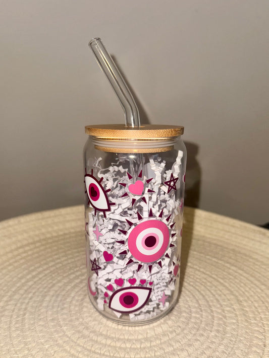 Pink Evil Eye Glass Cup 16 oz