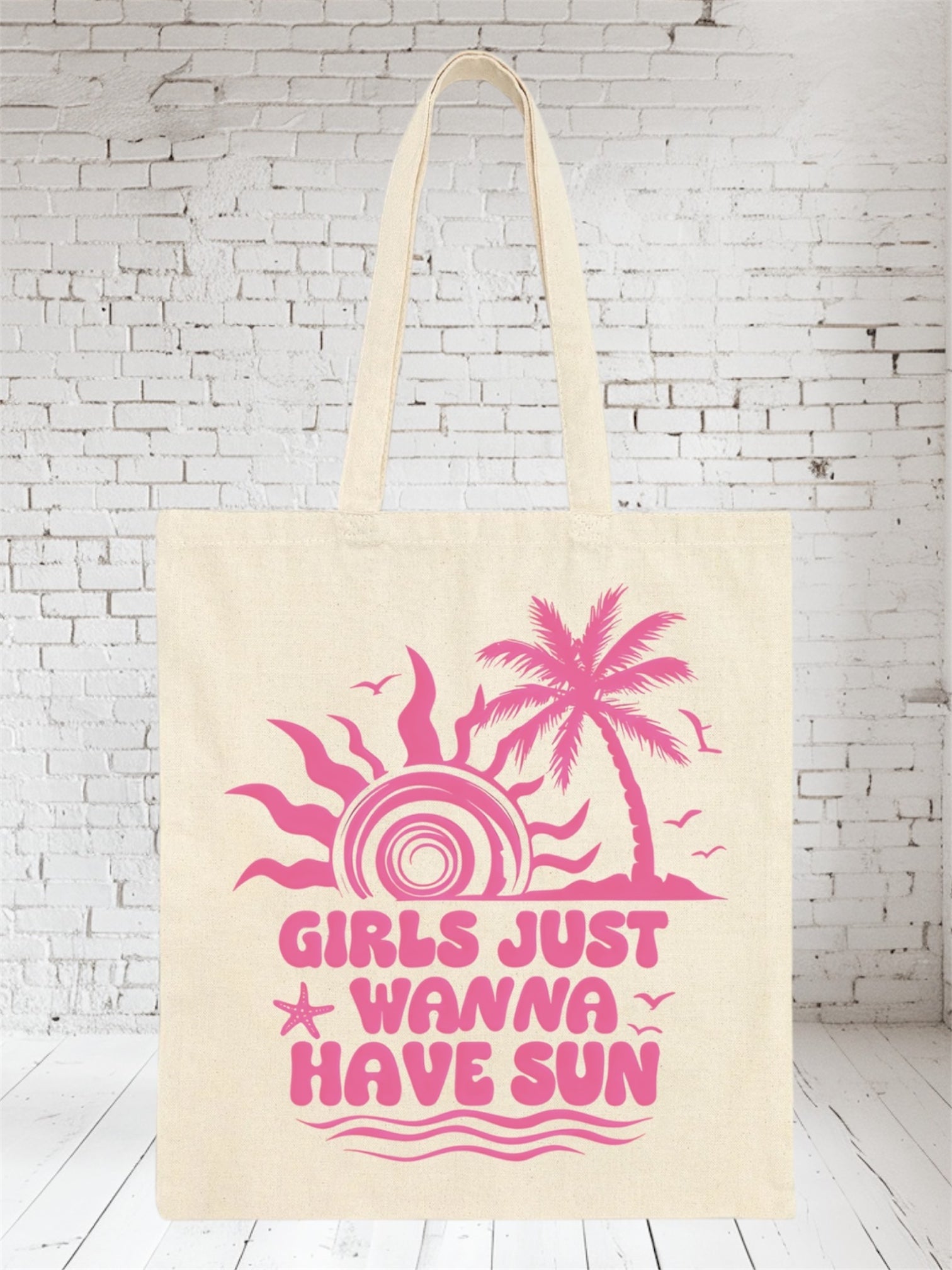 Beige canvas tote bag with pink palm tree and sun design, Girls Just Wanna Have Sun text