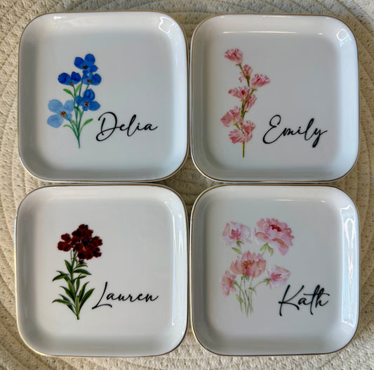 Personalized Floral Square Jewelry Dish
