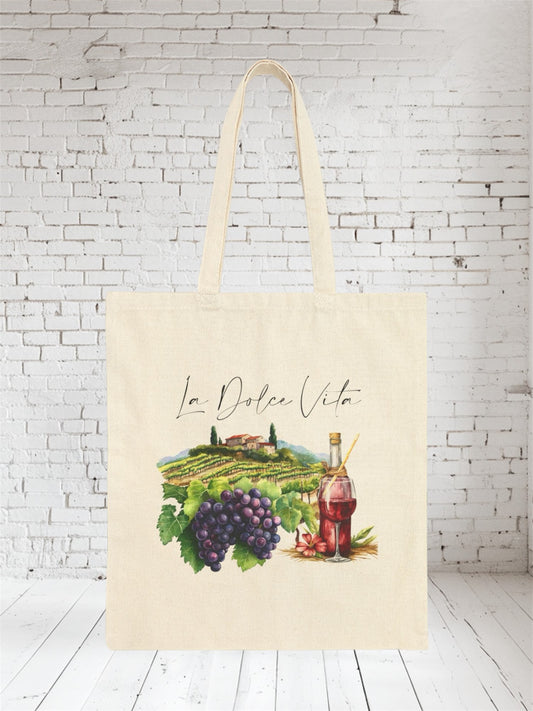 Beige cotton / canvas tote bag with 'La Dolce Vita' text featuring a vineyard and wine bottle